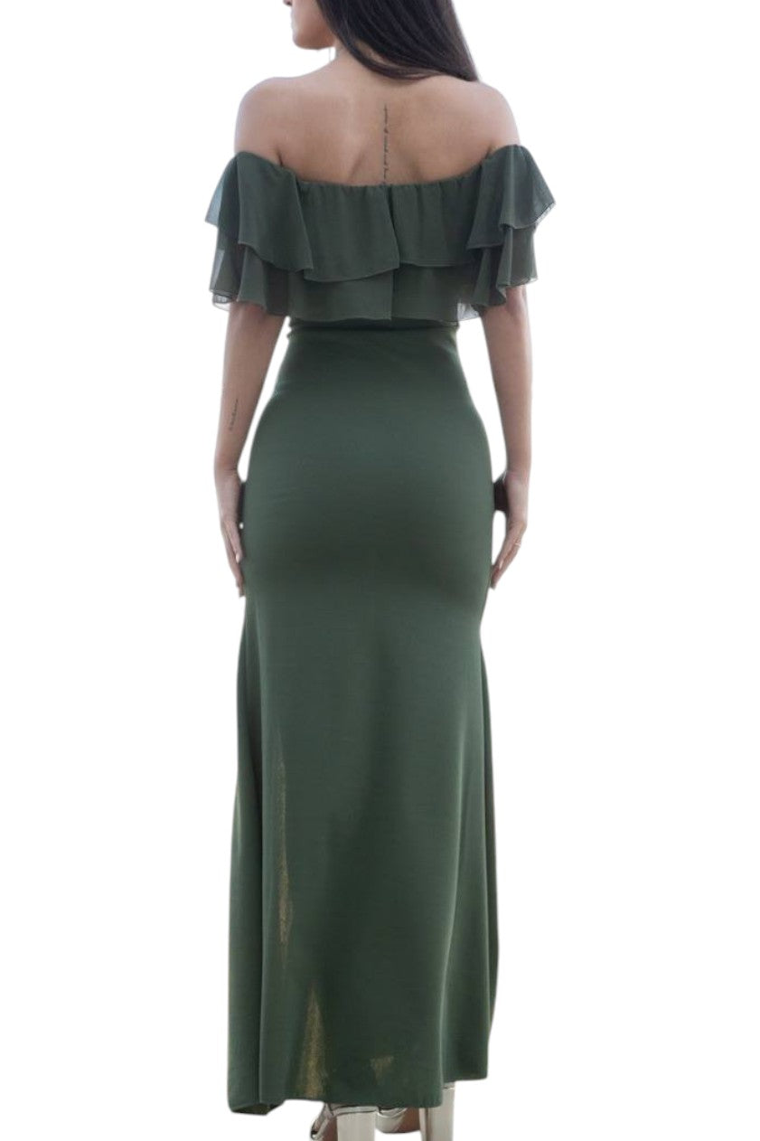 Vestido largo verde oliva con volantes – Elegancia bohemia 🌿