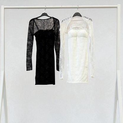 Vestido Corto Encaje Transparente · “Noir Élégance / Blanc Pureza”