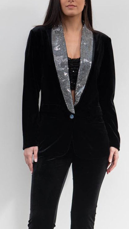 🖤 Blazer de Terciopelo con Solapa de Cristales