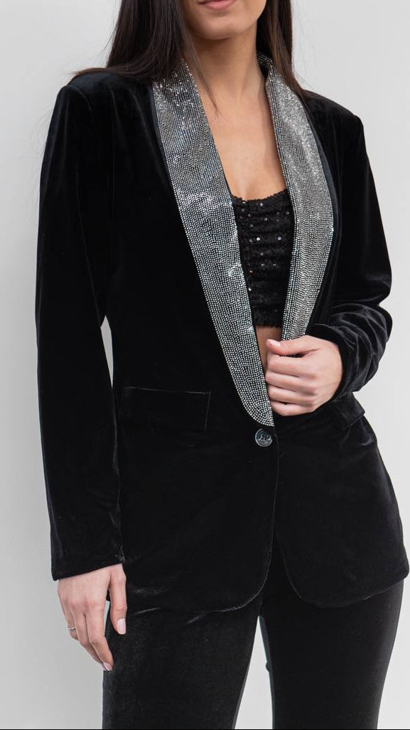 🖤 Blazer de Terciopelo con Solapa de Cristales