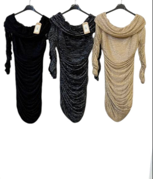 Vestido “Galaxy Rush” – Escote Bardot Fruncido