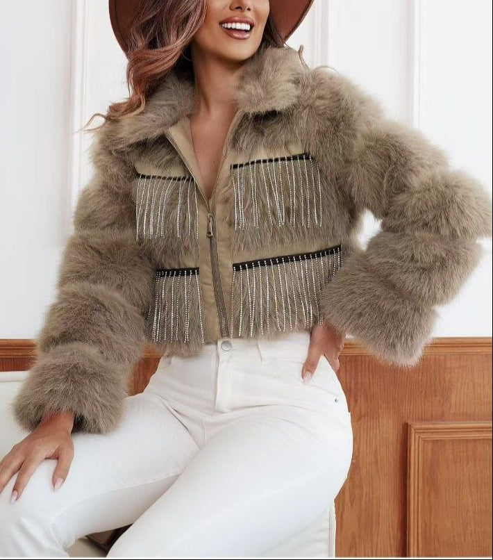 Chaqueta “Crystal Rider” – Polipiel con efecto pelo suave y cascada de cristales 2 colores