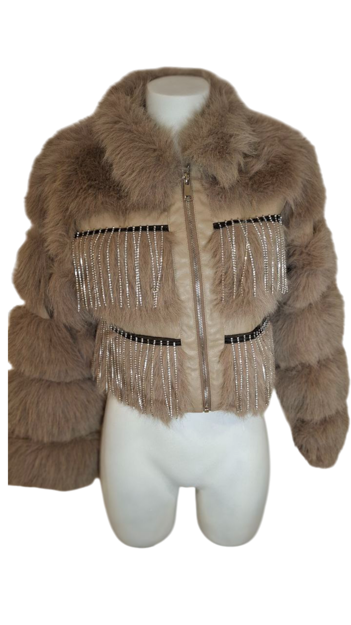 Chaqueta “Crystal Rider” – Polipiel con efecto pelo suave y cascada de cristales 2 colores