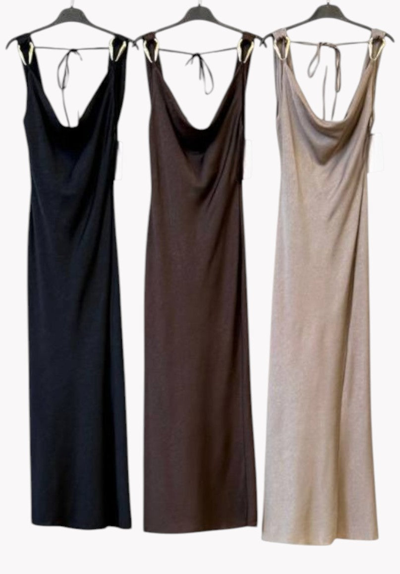 ✨ Vestido Satin Ring Drape Taupe ✨ 3 Colores Evillas Doradas