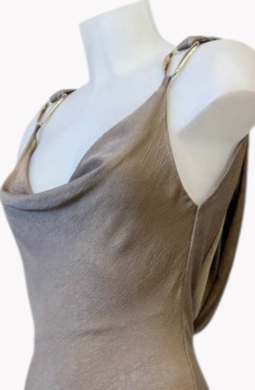 ✨ Vestido Satin Ring Drape Taupe ✨ 3 Colores Evillas Doradas