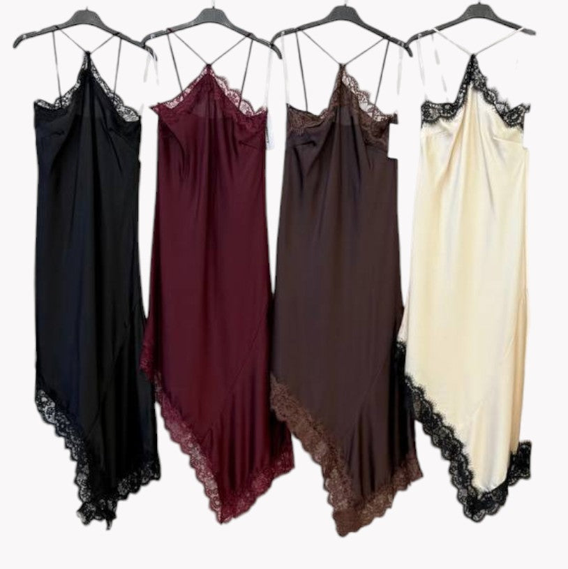 💋 Vestido Lencero Satinado con Encaje · 4 colores