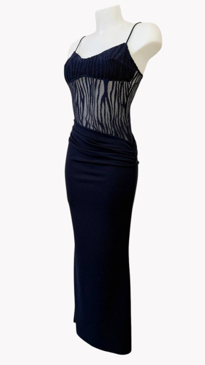 💙 VESTIDO LARGO CON CUERPO DE ENCAJE Y FALDA AJUSTADA · TALLAS S-M