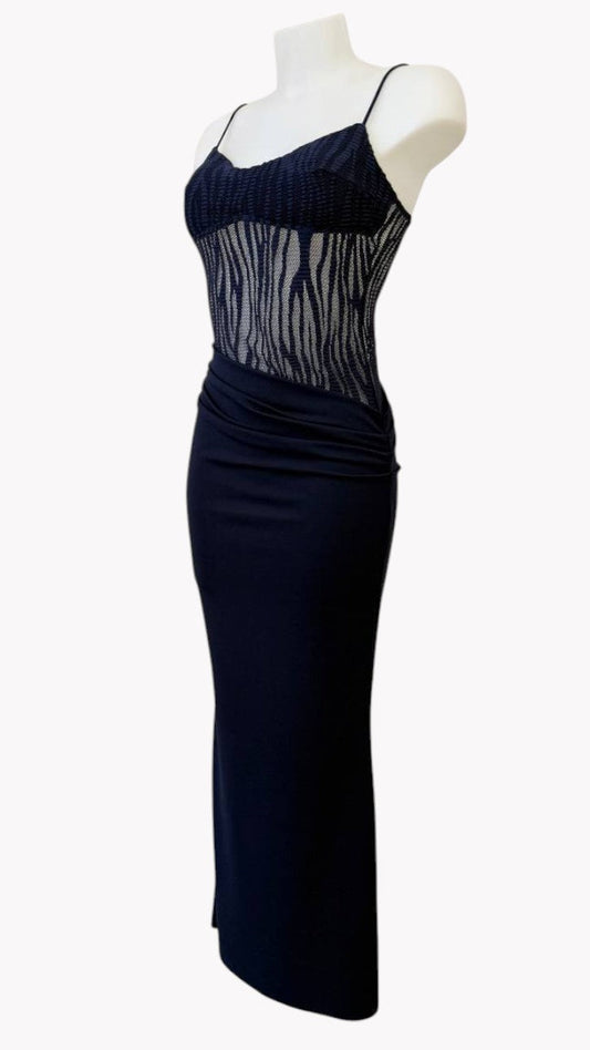 💙 VESTIDO LARGO CON CUERPO DE ENCAJE Y FALDA AJUSTADA · TALLAS S-M