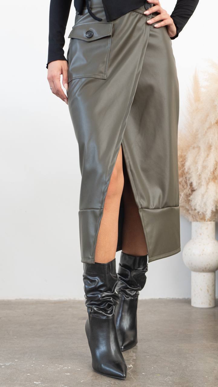 Falda Midi Efecto Piel con Abertura · 5 colores ⚡