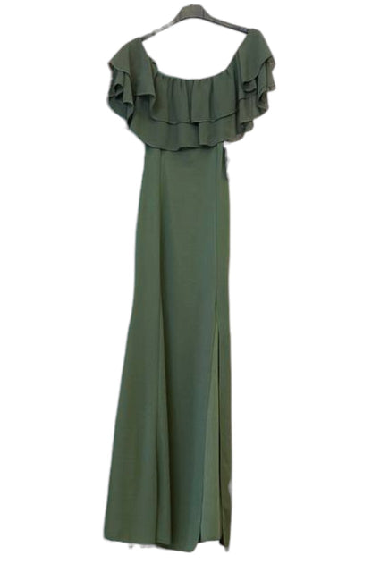 Vestido largo verde oliva con volantes – Elegancia bohemia 🌿