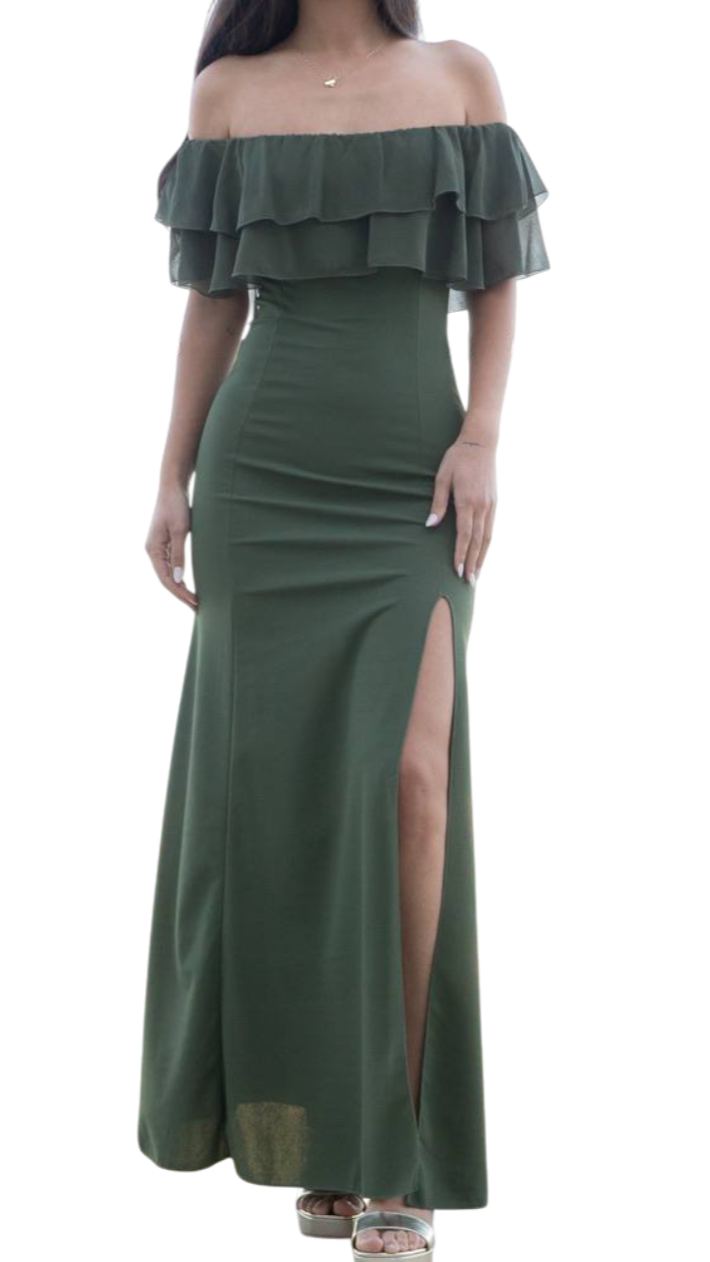 Vestido largo verde oliva con volantes – Elegancia bohemia 🌿