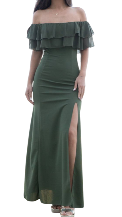 Vestido largo verde oliva con volantes – Elegancia bohemia 🌿